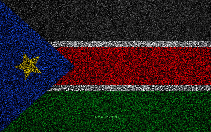 Flag of South Sudan, asphalt texture, flag on asphalt, South Sudan flag, Africa, South Sudan, flags of African countries