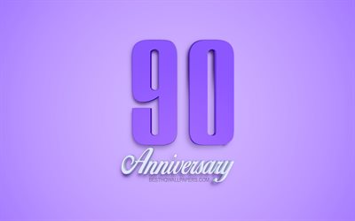 90th Anniversary sign, 3d anniversary symbols, purple 3d digits, 90th Anniversary, purple background, 3d creative art, 90 Years Anniversary