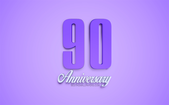 90e Anniversaire de signer, 3d anniversaire de symboles, de violet 3d chiffres, le 90e Anniversaire, fond mauve, 3d, art cr&#233;atif, 90 Ans Anniversaire