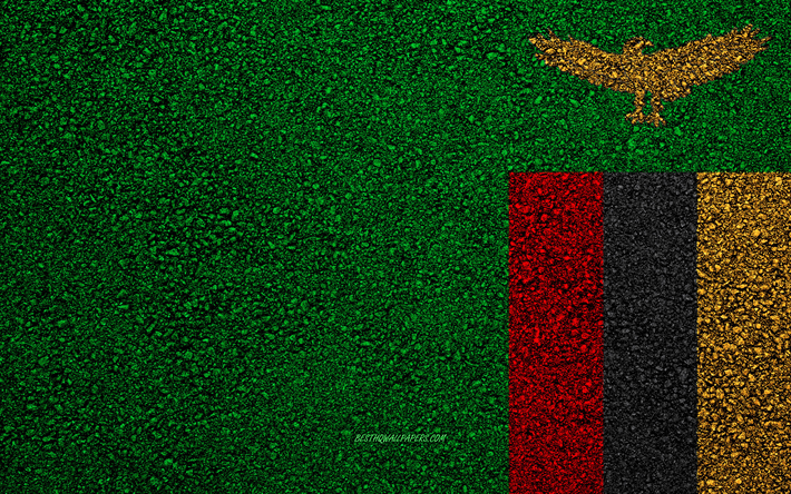 Flag of Zambia, asphalt texture, flag on asphalt, Zambia flag, Africa, Zambia, flags of African countries