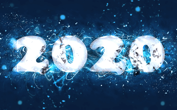 Happy New Year 2020, 4k, blue neon lights, abstract art, 2020 concepts, 2020 blue neon digits, blue backgrounds, 2020 neon art, creative, 2020 year digits