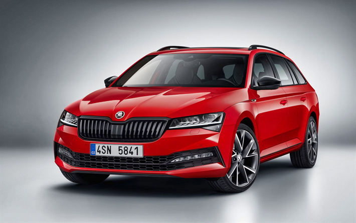 2020, Skoda Superb Combi, 4x4 Sportline, exterior, front view, red station wagon, new red Superb Combi, Czech cars, Skoda