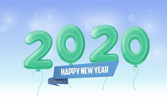 Balonlar ile 2020 yılına kavramlar, yeşil balonlar, 2020, balon harfler, Mutlu Yeni Yıl, 2020 kavramlar, 2020 arka plan