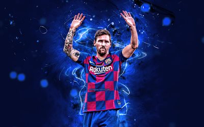 Lionel Messi, new uniform, Barcelona FC, goal, argentinian footballers, FCB, football stars, La Liga, Messi, 2019, Leo Messi, neon lights, LaLiga, Spain, Barca, soccer