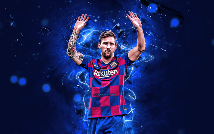 Lionel Messi, yeni &#252;niforma, FC Barcelona, gol, Arjantinli futbolcular, FCB, futbol yıldızları, UEFA Şampiyonlar Ligi, Messi, 2019, Leo Messi, neon ışıkları, LaLiga, İspanya, Barca, futbol