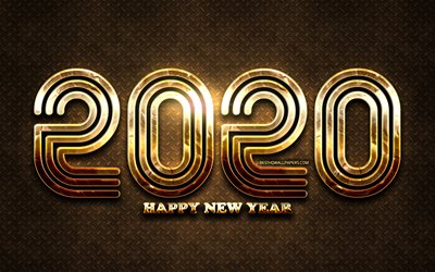 2020 golden linear digits, Happy New Year 2020, brown metal background, 2020 metal art, 2020 concepts, golden linear digits, 2020 on brown background, 2020 year digits