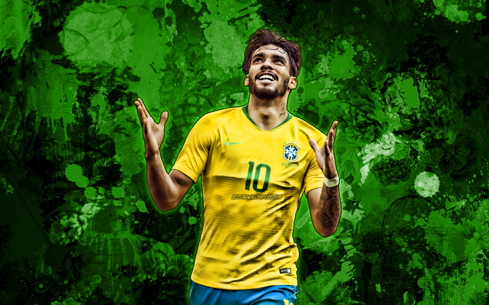 Lucas Paqueta, green paint splashes, Brazil National Team, soccer, Lucas Tolentino Coelho de Lima, footballers, grunge art, Brazilian football team
