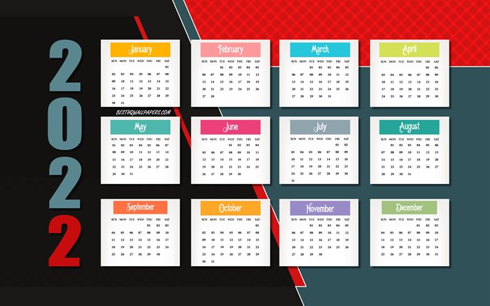 2022 Kalender, rödgrå bakgrund, 2022 hela månadskalendern, rödblå abstraktion, 2022 års koncept, nyårskalender 2022
