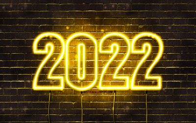 2022 yellow neon digits, 4k, Happy New Year 2022, yellow brickwall, horizontal text, 2022 concepts, wires, 2022 new year, 2022 on yellow background, 2022 year digits