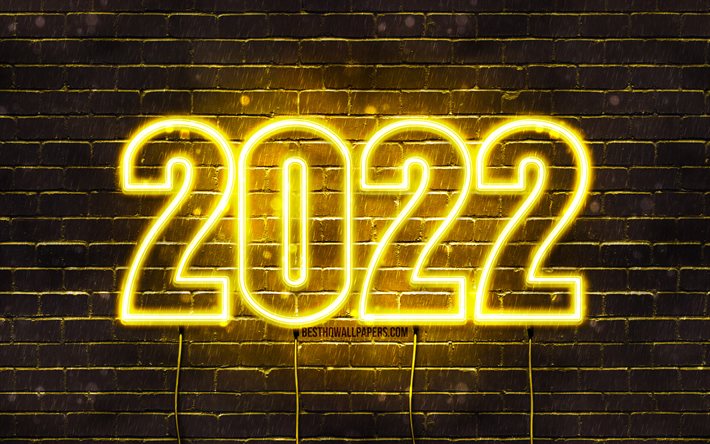 2022 d&#237;gitos de ne&#243;n amarillos, 4k, Feliz A&#241;o Nuevo 2022, brickwall amarillo, texto horizontal, 2022 conceptos, cables, 2022 a&#241;o nuevo, 2022 sobre fondo amarillo, 2022 d&#237;gitos a&#241;o