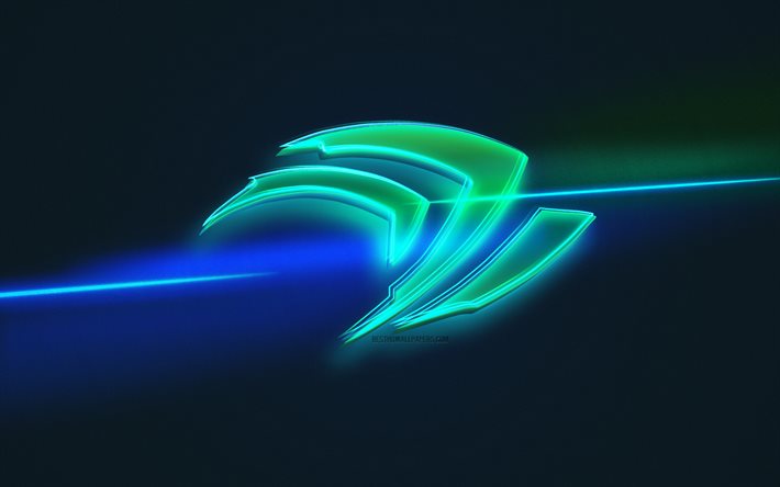 Nvidia -logotyp, ljuskonst, Nvidia -emblem, bl&#229; ljuslinje bakgrund, Nvidia neonlogotyp, kreativ konst, Nvidia