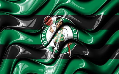 Boston Celtics flag, 4k, green and black 3D waves, NBA, american basketball team, Boston Celtics logo, basketball, Boston Celtics