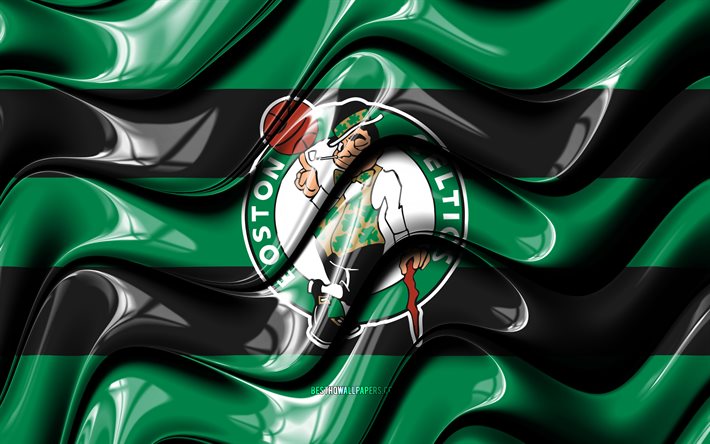 Drapeau des Boston Celtics, 4k, vagues 3D vertes et noires, NBA, &#233;quipe am&#233;ricaine de basket-ball, logo boston Celtics, basket-ball, Boston Celtics