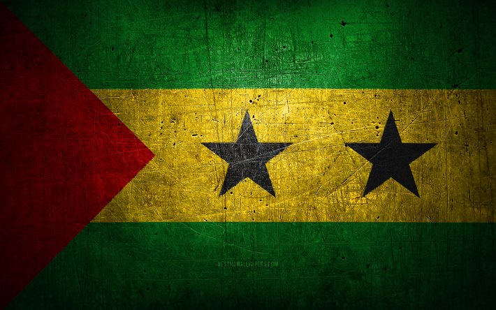 Sao Tome och Principe metal flag, grunge art, Afrikanska l&#228;nder, Sao Tome and Principes dag, nationella symboler, Sao Tome och Principe flagga, metallflaggor, Flagga Sao Tome och Principe, Afrika, Sao Tome och Principe