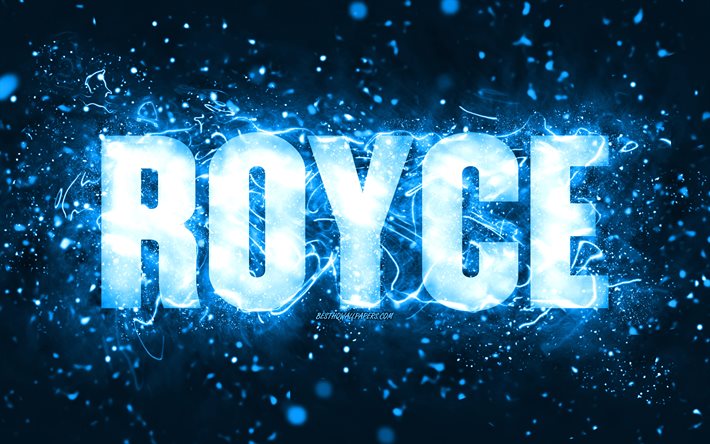 Feliz Anivers&#225;rio Royce, 4k, luzes azuis de neon, nome Royce, criativo, Royce Feliz Anivers&#225;rio, Royce Birthday, nomes masculinos americanos populares, foto com o nome Royce, Royce