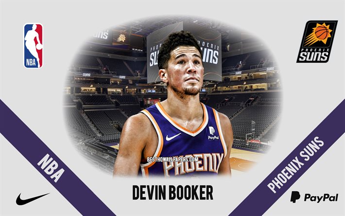 Devin Booker, Phoenix Suns, yhdysvaltalainen koripalloilija, NBA, muotokuva, YHDYSVALLAT, koripallo, Phoenix Suns Arena, Phoenix Sunsin logo