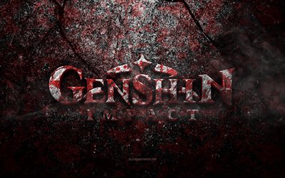 Genshin Impact logo, grunge art, Genshin Impact stone logo, red stone texture, Genshin Impact, grunge stone texture, Genshin Impact emblem, Genshin Impact 3d logo
