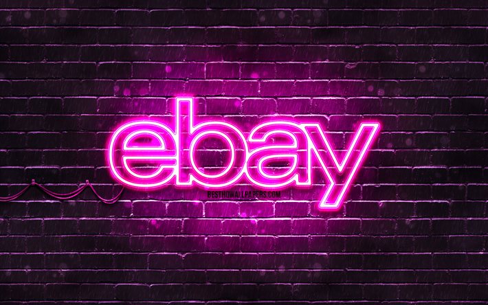 Logo viola Ebay, 4k, muro di mattoni viola, logo Ebay, marchi, logo al neon Ebay, Ebay