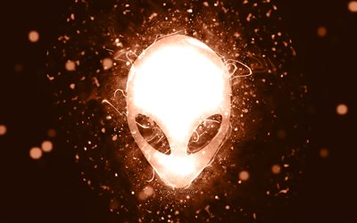 alienware braunes logo, 4k, braune neonlichter, kreativer, brauner abstrakter hintergrund, alienware logo, marken, alienware