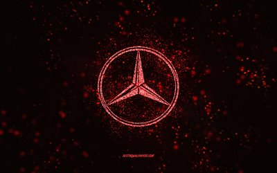 Mercedes-Benz glitter logo, 4k, black background, Mercedes-Benz logo, red glitter art, Mercedes-Benz, creative art, Mercedes-Benz red glitter logo, Mercedes logo