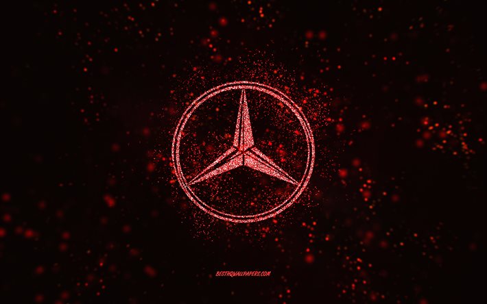 Logo &#224; paillettes Mercedes-Benz, 4k, fond noir, logo Mercedes-Benz, art &#224; paillettes rouges, Mercedes-Benz, art cr&#233;atif, logo &#224; paillettes rouges Mercedes-Benz, logo Mercedes