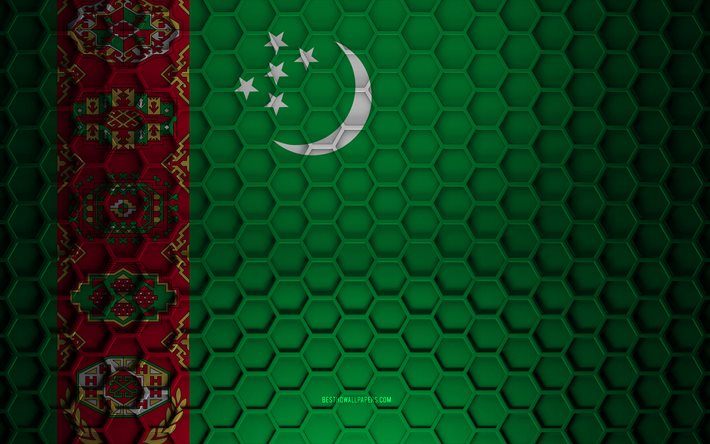 Drapeau du Turkm&#233;nistan, texture des hexagones 3d, Turkm&#233;nistan, texture 3d, drapeau du Turkm&#233;nistan 3d, texture m&#233;tallique, drapeau du Turkm&#233;nistan