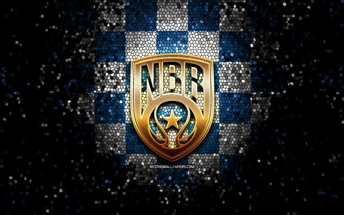 New Basket Brindisi, logotipo brilhante, LBA, fundo xadrez branco azul, basquete, clube italiano de basquete, logotipo New Basket Brindisi, arte em mosaico, Lega Basket Serie A