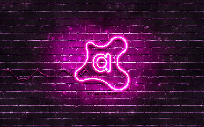アバストパープルのロゴ, 4k, 紫のレンガの壁, アバストロゴ, ウイルス対策ソフトウェア, アバストネオンロゴ, Avast! antivirus