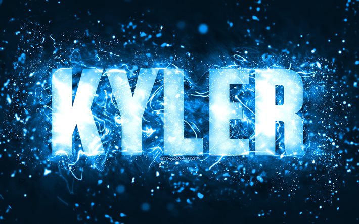 Feliz anivers&#225;rio Kyler, 4k, luzes de n&#233;on azuis, nome Kyler, criativo, Kyler Feliz anivers&#225;rio, Kyler Birthday, nomes masculinos americanos populares, foto com o nome Kyler, Kyler