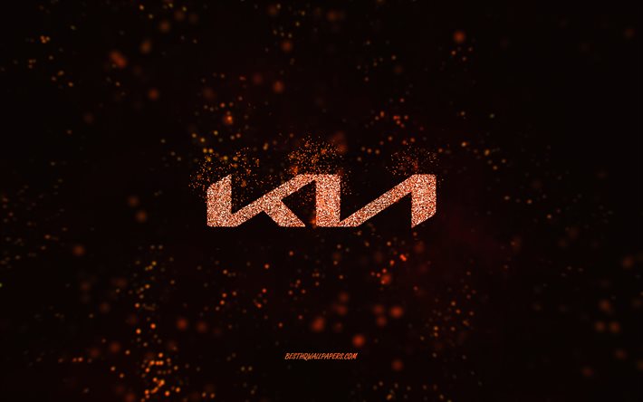 Kia glitter logo, 4k, black background, Kia logo, orange glitter art, Kia, creative art, Kia orange glitter logo