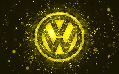 Volkswagen yellow logo, 4k, yellow neon lights, creative, yellow abstract background, Volkswagen logo, cars brands, Volkswagen