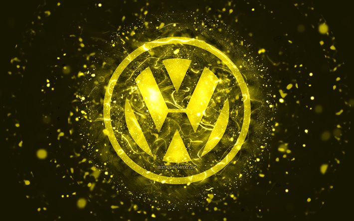 フォルクスワーゲンの黄色のロゴ, 4k, 黄色のネオンライト, creative クリエイティブ, 黄色の抽象的な背景, フォルクスワーゲンのロゴ, 車のブランド, フォルクスワーゲン