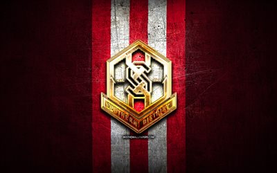 Southern District FC, golden logo, Hong Kong Premier League, red metal background, football, Hong Kong football club, Southern District FC logo, soccer, FC Southern District