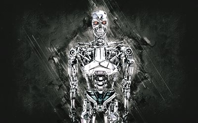 T-800, Terminator, grunge art, gray stone background, T-800 Terminator, cyborg, T-800 character, Terminator characters