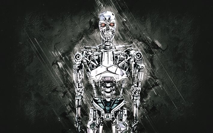 t-800, terminator, grunge-kunst, grauer steinhintergrund, t-800 terminator, cyborg, t-800-charakter, terminator-charaktere