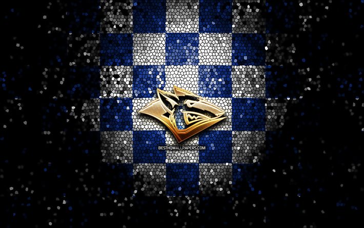 Metallurg Magnitogorsk, logo glitter, KHL, sfondo a scacchi bianco blu, hockey, Kontinental Hockey League, logo Metallurg Magnitogorsk, arte del mosaico, squadra di hockey russa, HC Metallurg Magnitogorsk