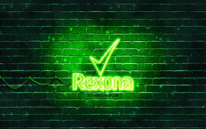 Logo vert Rexona, 4k, mur de briques vertes, logo Rexona, marques, logo n&#233;on Rexona, Rexona