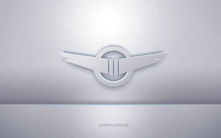 Logotipo Rezvani 3D branco, fundo cinza, logotipo Rezvani, arte criativa em 3D, Rezvani, emblema 3D