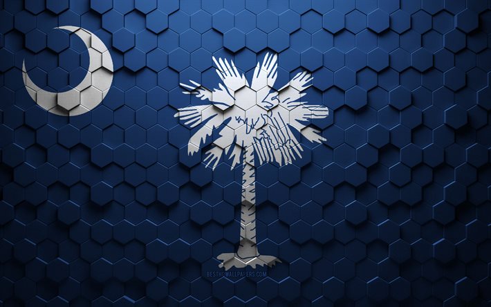 Drapeau de la Caroline du Sud, art en nid d&#39;abeille, drapeau des hexagones de la Caroline du Sud, Caroline du Sud, art des hexagones 3d, drapeau de la Caroline du Sud
