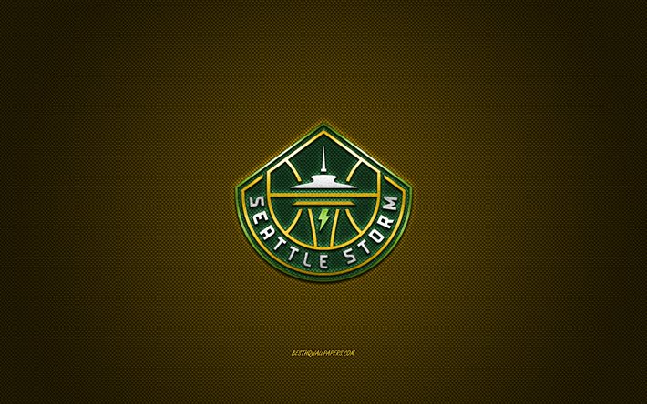 Seattle Storm, amerikkalainen koripalloseura, WNBA, vihre&#228; logo, keltainen hiilikuitutausta, koripallo, Seattle, USA, Seattle Storm -logo