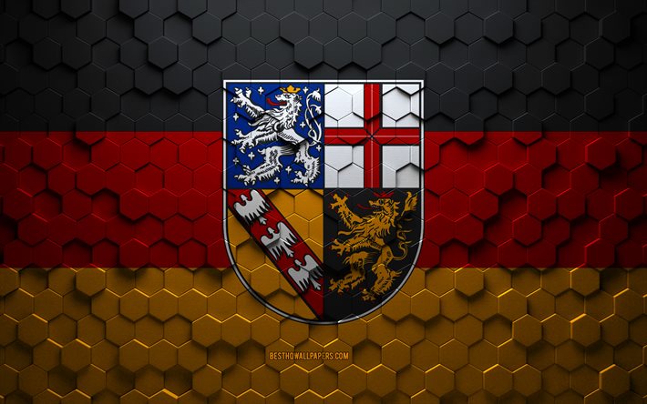 Bandeira de Saarland, arte em favo de mel, bandeira em hex&#225;gonos de Saarland, Saarland, arte em hex&#225;gonos em 3D, bandeira de Saarland