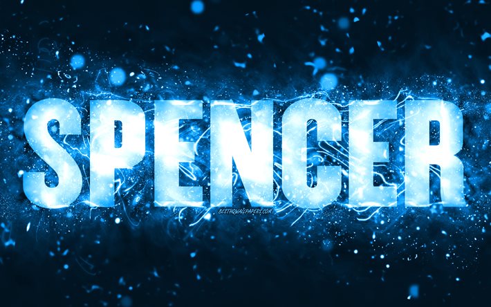 Buon Compleanno Spencer, 4k, luci al neon blu, nome Spencer, creativo, Compleanno Spencer, nomi maschili americani popolari, foto con nome Spencer, Spencer