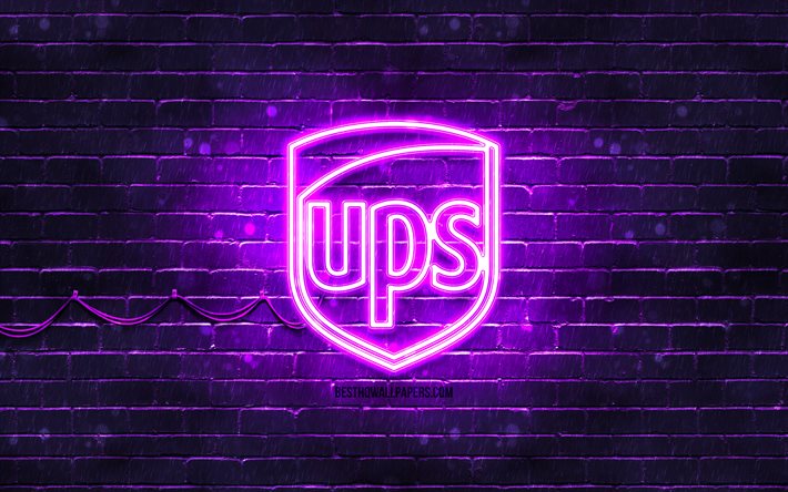 Logo UPS violet, 4k, mur de briques violet, logo UPS, marques, logo n&#233;on UPS, UPS