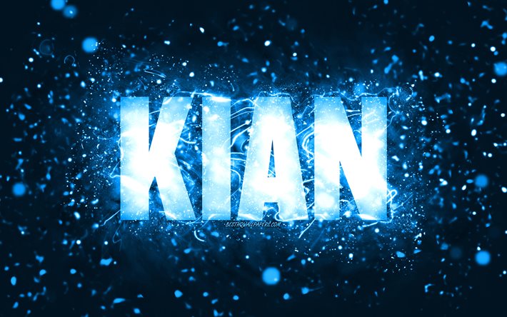Buon Compleanno Kian, 4k, luci al neon blu, nome Kian, creativo, Kian Buon Compleanno, Compleanno Kian, nomi maschili americani popolari, foto con nome Kian, Kian