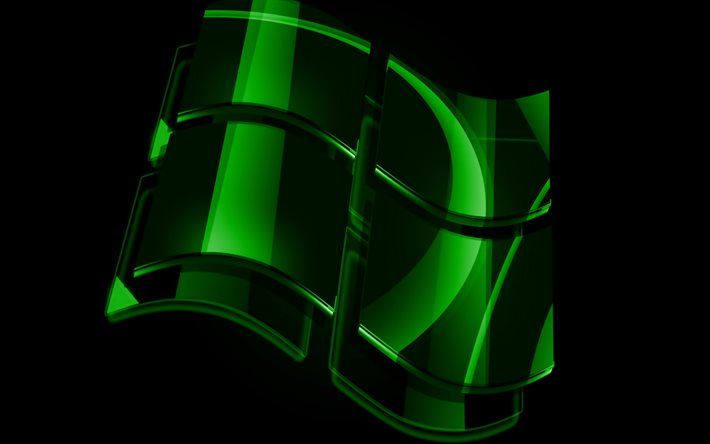 4k, Windows yeşil logosu, yeşil arka planlar, işletim sistemi, Windows cam logosu, resimler, Windows 3D logosu, Windows
