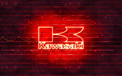 Kawasakin punainen logo, 4k, punainen tiiliseinä, Kawasakin logo, moottoripyörämerkit, Kawasakin neonlogo, Kawasaki