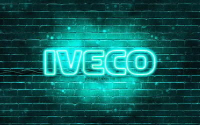 Iveco turquoise logo, 4k, turquoise brickwall, turquoise logo, cars brands, turquoise neon logo, turquoise