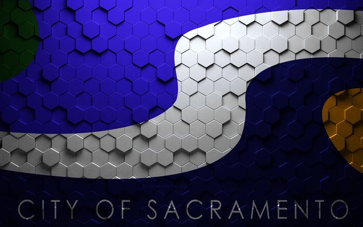 Drapeau de Sacramento, Californie, art en nid d&#39;abeille, drapeau des hexagones de Sacramento, Sacramento, art des hexagones 3d, drapeau de Sacramento