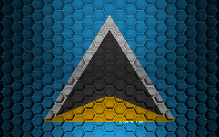 Saint Lucia flag, 3d hexagons texture, Saint Lucia, 3d texture, Saint Lucia 3d flag, metal texture, flag of Saint Lucia