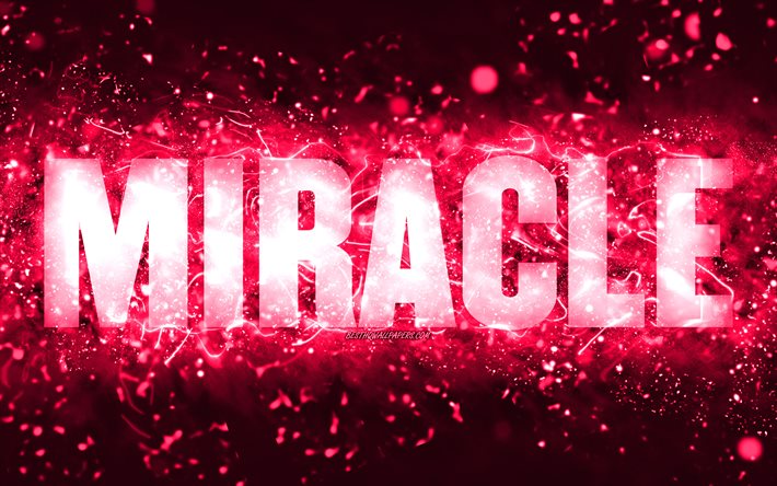 Grattis p&#229; f&#246;delsedagen Miracle, 4k, rosa neonljus, Miracle name, creative, Miracle Happy Birthday, Miracle Birthday, popul&#228;ra amerikanska kvinnliga namn, bild med Miracle name, Miracle
